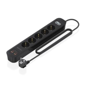 aisens regleta con 5 tomas schuko 2xusb c 2xusb a cable de 1.4m interruptor con indicador led power delivery qualcomm 3.0 color negro