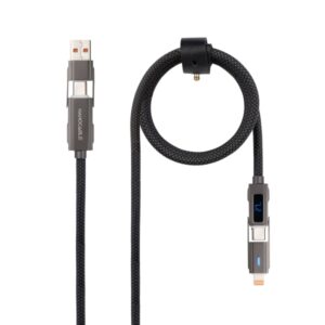 nanocable cable usb c 4 en 1 soporta hasta 27w longitud 1m adaptador usb a y lightning integrado pantalla digital algodon trenzado color negro