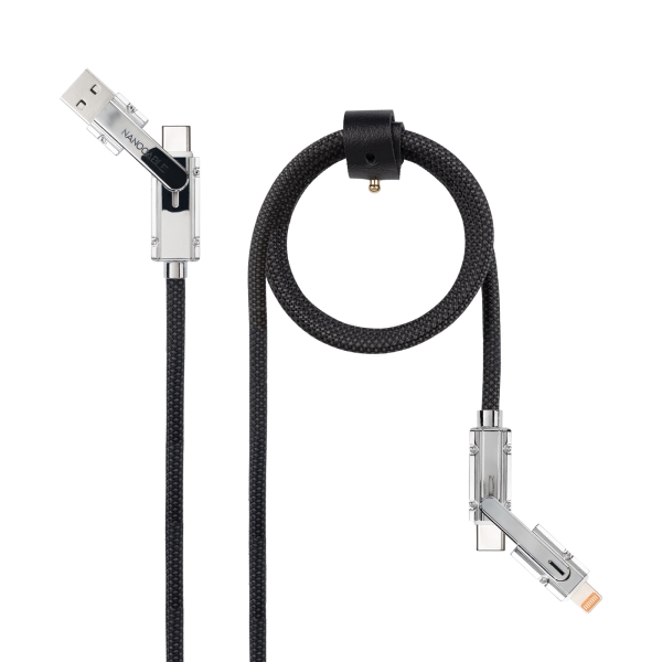 nanocable cable usb c 4 en 1 soporta hasta 27w longitud 2m adaptador usb a y lightning integrado indicador led algodon trenzado color negro