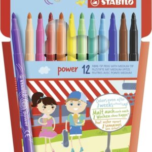 stabilo power pack con 12 rotuladores de colores punta media de 2mm tinta lavable capuchon ventilado colores surtidos