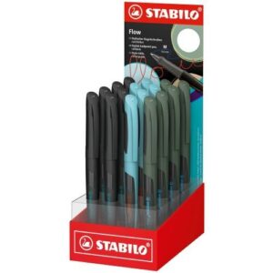 stabilo flow expositor con 16 boligrafos trazo 0.5mm agarre ergonomico recargable tinta color azul cuerpo en 3 colores surtidos