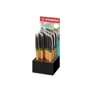 stabilo grow expositor con 12 boligrafos trazo 0.5mm agarre ergonomico fabricado en bio plastico recargable madera certificada fsc tinta color azul