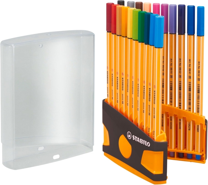 stabilo point 88 pack de 20 rotuladores de punta fina de fibra trazo de 0.4mm. tinta con base de agua apto para reglas y plantillas colores surtidos
