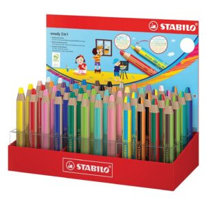 stabilo woody 3 en 1 expositor con 48 lapices de colores 26 woody 3 en1, 8 woddy 3 en 1 pastel y 14 woddy 3 en 1 duo lapiz de color, cera y acuarela, todo en uno mina xxl 10mm colores surtidos
