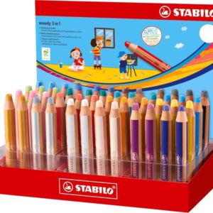 stabilo woody 3 en 1 expositor con 48 lapices de colores lapiz de color, cera y acuarela, todo en uno mina xxl 10mm colores surtidos