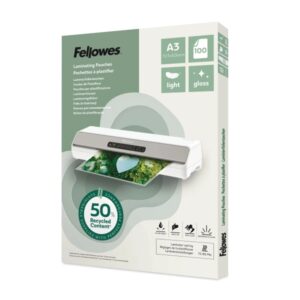 fellowes pack de 100 fundas para plastificar formato a3 80 micras efecto brillo fabricado con 50% material reciclado transparente