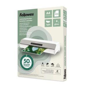 fellowes pack de 100 fundas para plastificar formato a4 80 micras efecto brillo fabricado con 50% material reciclado transparente