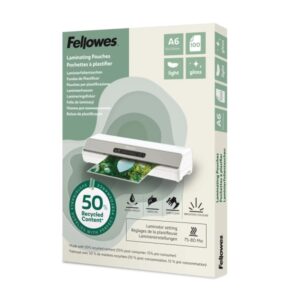 fellowes pack de 100 fundas para plastificar formato a6 80 micras efecto brillo fabricado con 50% material reciclado transparente