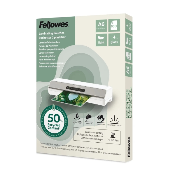 fellowes pack de 100 fundas para plastificar formato a6 80 micras efecto brillo fabricado con 50% material reciclado transparente