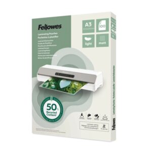 fellowes pack de 100 fundas para plastificar formato a3 80 micras efecto mate fabricado con 50% material reciclado transparente