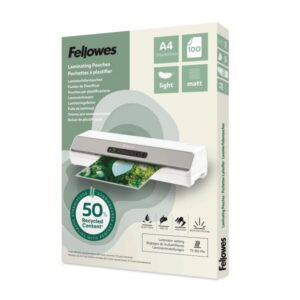 fellowes pack de 100 fundas para plastificar formato a4 80 micras efecto mate fabricado con 50% material reciclado transparente