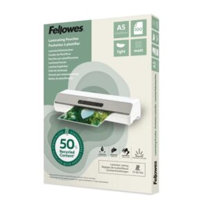 fellowes pack de 100 fundas para plastificar formato a5 80 micras efecto mate fabricado con 50% material reciclado transparente