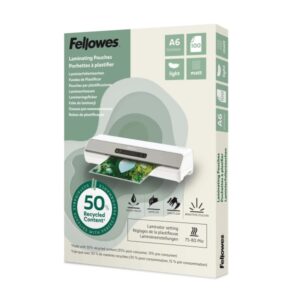 fellowes pack de 100 fundas para plastificar formato a6 80 micras efecto mate fabricado con 50% material reciclado transparente