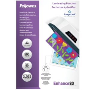 fellowes imagelast pack de 500 fundas para plastificar formato a4 efecto brillo 80 micras flechas indicadoras de direccion transparente