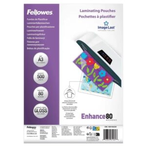 fellowes imagelast pack de 500 fundas para plastificar formato a3 efecto brillo 80 micras flechas indicadoras de direccion transparente