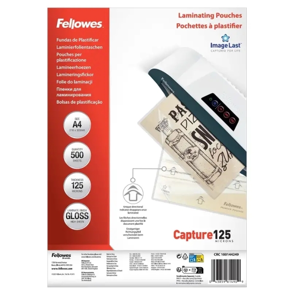 fellowes imagelast pack de 500 fundas para plastificar formato a4 efecto brillo 125 micras flechas indicadoras de direccion transparente