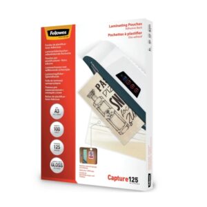 fellowes pack de 100 fundas para plastificar formato a3 reverso adhesivo efecto brillo 125 micras transparente