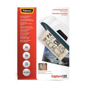 fellowes pack de 100 fundas para plastificar formato a4 reverso adhesivo efecto brillo 125 micras transparente