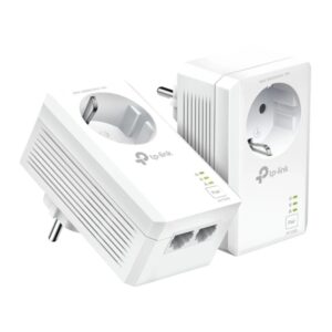 tp link tl pa7027p kit pack de 2 adaptadores powerline velocidad hasta 1gbps cobertura hasta 300m toma de corriente integrada 2 puertos ethernet plug and play color blanco