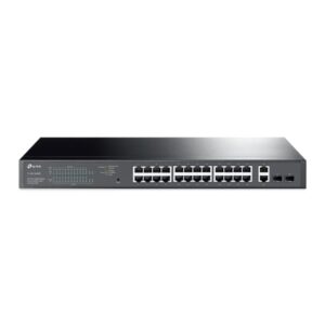 tp link tl sg1428pe switch 28 puertos gestionado 24xrj45 poe+ 1gbps 2xrj45 1gbps 2xsfp 1gbps soporta qos recuperacion automatica 2 ventiladores internos color negro