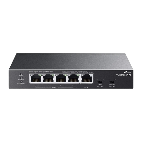 tp link tl sg1005p pd switch 5 puertos rj45 1gbps alcance hasta 250m con cable conmutacion hasta 10gbps recuperacion automatica plug and play carcasa metalica color negro