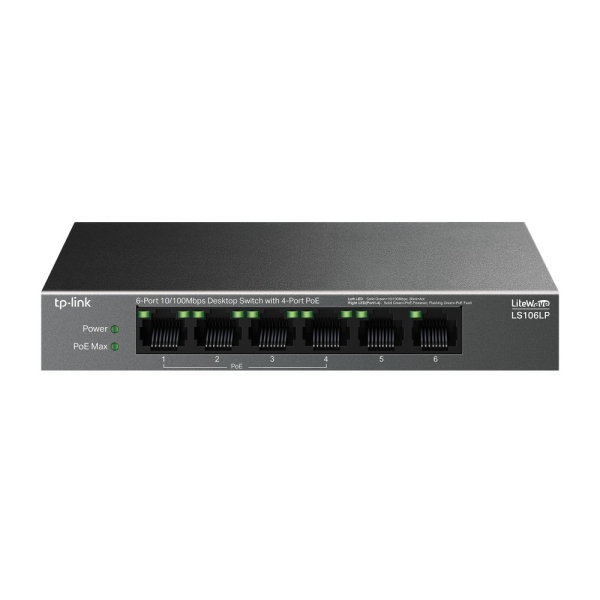 tp link ls106lp litewave switch 6 puertos rj45 100mbps no administrado 4x poe recuperacion automatica carcasa metalica color negro