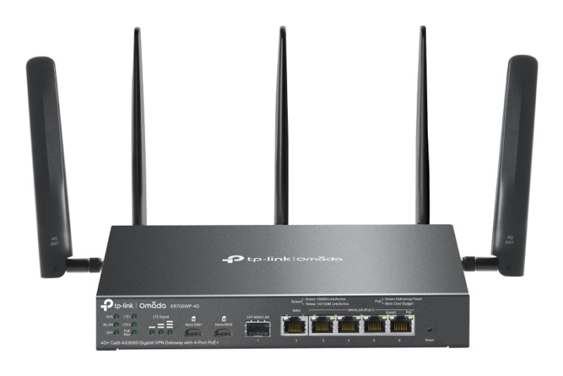 tp link omada er706wp 4g router de doble banda nat wifi hasta 3gbps ethernet vpn 1gbps sfp 1gbps wan 4x1gbps lan balanceo de carga antenas desmontables color negro
