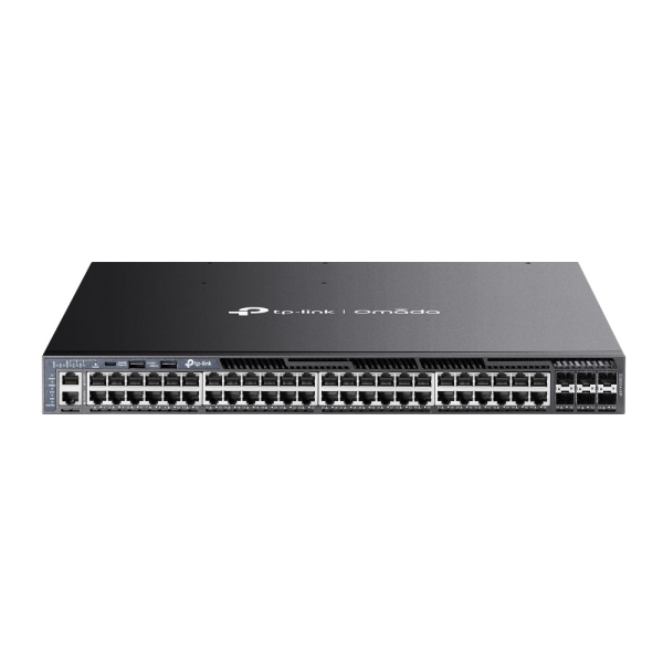 tp link omada sg6654xhp switch 54 puertos 4 ventiladores 48xrj45 poe+ 1gbps 6xsfp+ 10gbps soporta qos doble fuente de alimentacion conmutacion hasta 216gbps color negro