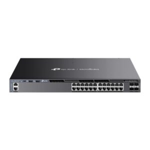 tp link omada sg6428xhp switch 28 puertos gestionado 24xrj45 poe+ 1gbps 4xsfp 10gbps soporta qos 4 ventiladores doble fuente de alimentacion conmutacion 128gbps color negro