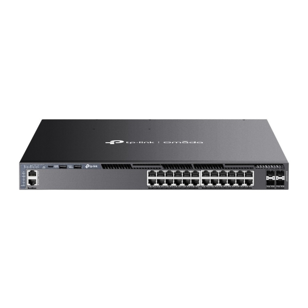 tp link omada sg6428xhp switch 28 puertos gestionado 24xrj45 poe+ 1gbps 4xsfp 10gbps soporta qos 4 ventiladores doble fuente de alimentacion conmutacion 128gbps color negro