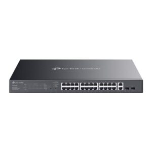 tp link omada es228gmp switch 28 puertos gestionado 24xrj45 poe+ 1gbps 2xrj45 1gbps 2xsfp soporta qos 2 ventiladores internos plug and play carcasa metalica color negro