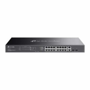 tp link omada es220gmp switch 20 puertos negociacion automatica 16xrj45 poe+ 1gbps 2xrj45 1gbps 2xsfp soporta qos 2 ventiladores internos carcasa metalica color negro