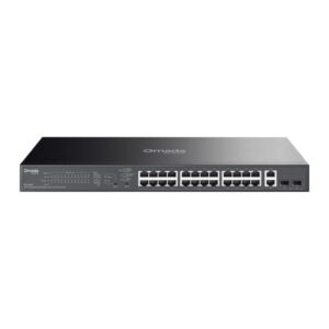 tp link omada es228gp switch 28 puertos gestionado 26xrj45 poe+ 1gbps 2xsfp 1gbps soporta qos 2 ventiladores internos conmutacion hasta 56gbps carcasa metalica color negro