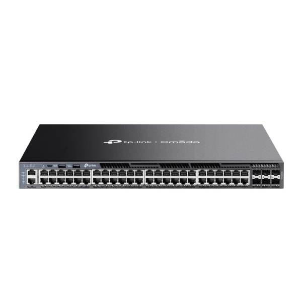 tp link omada sg6654x switch 54 puertos gestionado 48xrj45 1gbps 6xsfp+ 10gbps soporta qos 2 fuentes de alimentacion 4 ventiladores conmutacion hasta 216gbps color negro