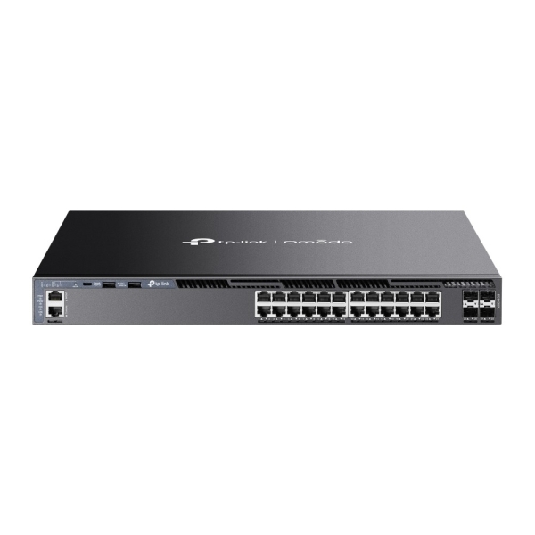 tp link omada sg6428x switch 28 puertos gestionado 24xrj45 1gbps 4xsfp 10gbps soporta qos doble fuente de alimentacion conmutacion hasta 128gbps color negro