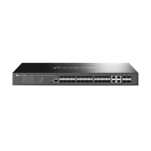 tp link omada sg3428xf switch 28 puertos gestionado 20xsfp 4xrj45/sfp combo 4xsfp+ 10gbps soporta qos doble fuente de alimentacion conmutacion hasta 128gbps color negro