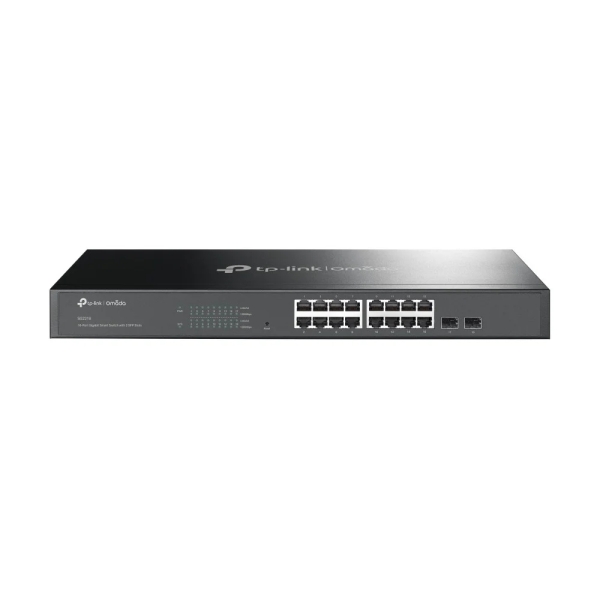 tp link omada sg2218 switch 18 puertos capa 2 16xrj45 1gbps 2xsfp silencioso soporta qos conmutacion hasta 36gbps carcasa metalica color negro