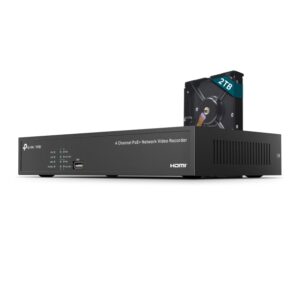tp link vigi nvr1004h 4p 2tb grabadora para videovigilancia 4 canales rj45 hdmi vga 2xusb 2tb preinstalados y capacidad hasta 10tb decodifica hasta 16mpx color negro