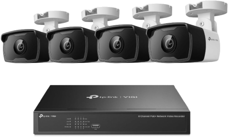 tp link vigi nk8p b434i pack de videovigilancia con 4 camaras y grabadora nvr de 8 canales 4k deteccion inteligente ip67 resolucion de 3mpx vision nocturna color blanco y negro