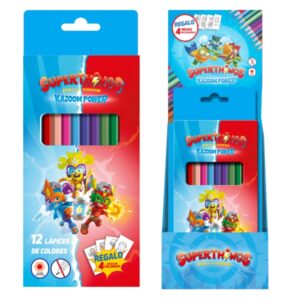 dohe superthings expositor con 12 cajas de 12 lapices de colores forma hexagonal mina de 2.8mm plantillas para colorear incluidas madera roja colores surtidos