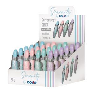 dohe serenity expositor con 24 cintas correctoras 5mm x 6m pulsador retractil recargable cuerpo ergonomico colores surtidos