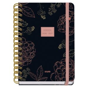 dohe premium noir agenda escolar 26/27 formato a5 dia pagina papel offset ahuesado 80g cubierta de carton plastificado espiral metalica doble goma 15x21x4cm color negro