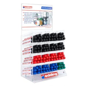 edding 3000 expositor con 128 rotuladores permanentes punta redonda de 1.5mm trazo entre 1.5 y 3mm recargable secado rapido colores negro, azul, rojo y verde