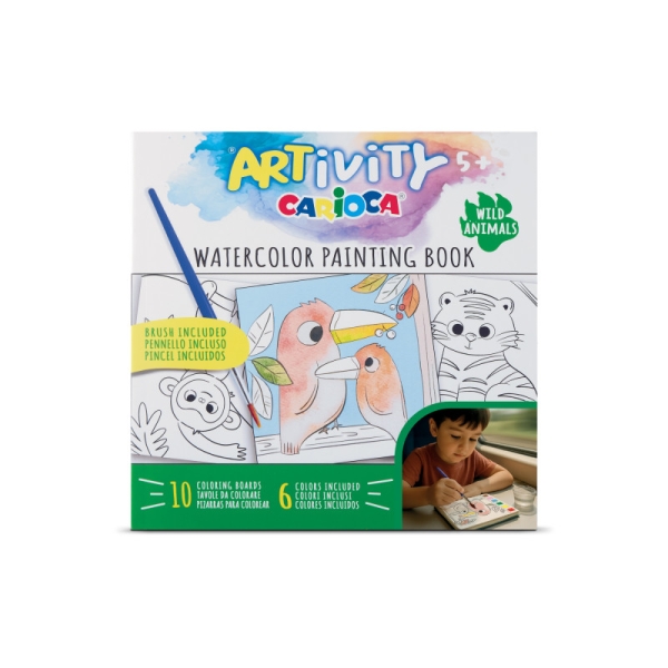 carioca artivity acuarelas wild animals libro para colorear con acuarelas cada pagina contiene una paleta con 6 colores de acuarela pincel incluido