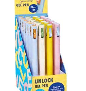 carioca unlock gel expositor con 24 boligrafos de tinta gel retractiles punta 0.7mm mecanismo de clic patentado tinta color azul cuerpo de diferentes colores pastel