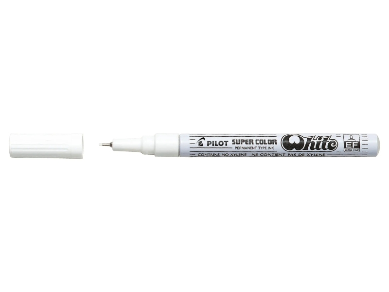 pilot super color rotulador permanente fino punta de 1mm de poliacetal tinta muy densa y opaca cuerpo metalico color blanco
