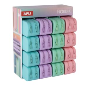 apli nordik expositor de 16 estuches de silicona rectangulares dobles doble compartimento medidas 75x185x63mm colores pastel surtidos