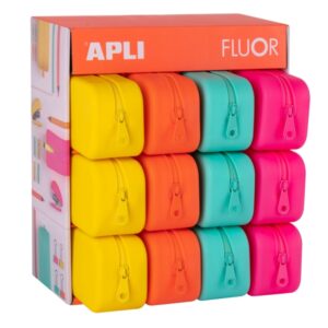 apli fluor expositor de 12 estuches de silicona rectangulares resistentes al agua medidas 75x185x55mm colores surtidos