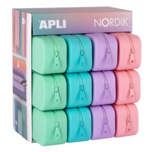 apli nordik expositor de 12 estuches de silicona rectangulares resistentes al agua medidas 75x185x55mm colores surtidos