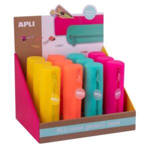 apli fluor expositor de 12 estuches de silicona redondos resistentes al agua medidas 21,5xØ 5cm colores surtidos